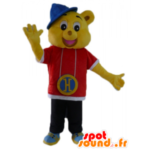 Gul björnmaskot, klädd i rappardräkt, hip-hop - Spotsound maskot