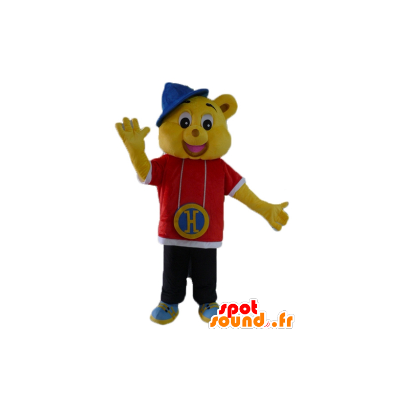 Mascotte d'ours jaune, habillé en tenue de rappeur, de hip-hop - MASFR23415 - Mascotte d'ours