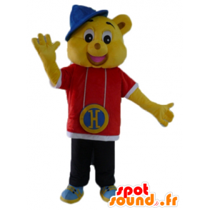 Gul bjørnemaskot, klædt i rappertøj, hip-hop - Spotsound maskot