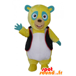 Yellow teddy mascot, green and white, with a black vest - MASFR23427 - Bear mascot