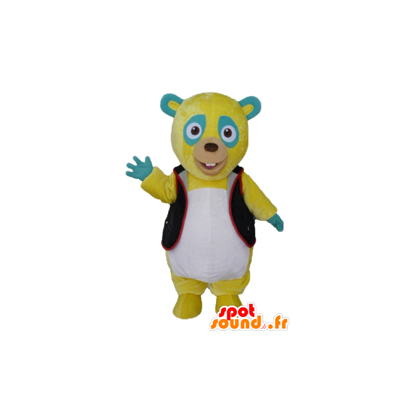 Geel teddy mascotte, groen en wit, met een zwart vest - MASFR23427 - Bear Mascot