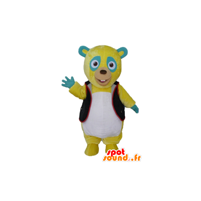 Yellow teddy mascot, green and white, with a black vest - MASFR23427 - Bear mascot