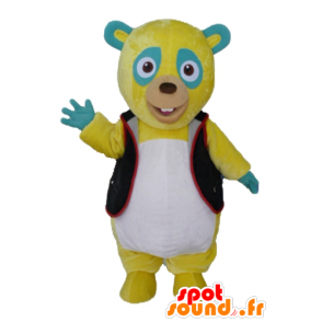 Giallo mascotte orsacchiotto, verde e bianco, con un giubbotto nero - MASFR23427 - Mascotte orso