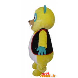 Yellow teddy mascot, green and white, with a black vest - MASFR23427 - Bear mascot