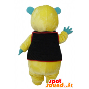 Mascotte de nounours jaune, vert et blanc, avec un gilet noir - MASFR23427 - Mascotte d'ours