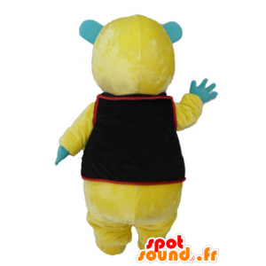 Yellow teddy mascot, green and white, with a black vest - MASFR23427 - Bear mascot