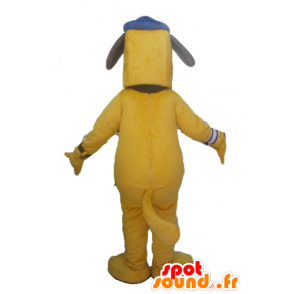 Stor gul hundmaskot med en keps - Spotsound maskot