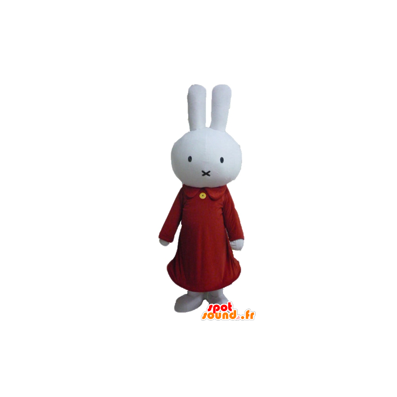 Branco de pelúcia coelho mascote, vestido de vermelho - MASFR23456 - coelhos mascote