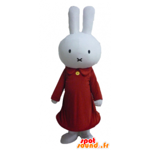 Branco de pelúcia coelho mascote, vestido de vermelho - MASFR23456 - coelhos mascote