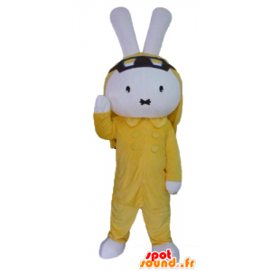 Blanca peluche mascota de conejo, vestido de amarillo - MASFR23457 - Mascota de conejo
