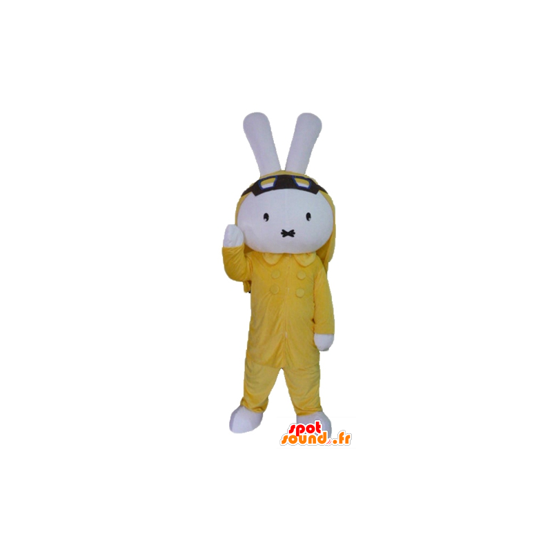 Blanca peluche mascota de conejo, vestido de amarillo - MASFR23457 - Mascota de conejo