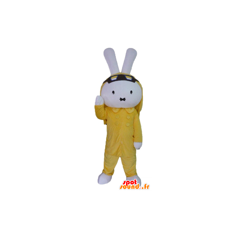 Mascotte de lapin blanc en peluche, habillé en jaune - MASFR23457 - Mascotte de lapins