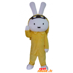 Bianco mascotte del coniglio di peluche, vestito di giallo - MASFR23457 - Mascotte coniglio