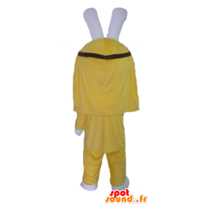 Blanca peluche mascota de conejo, vestido de amarillo - MASFR23457 - Mascota de conejo