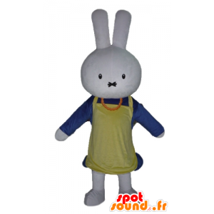 Blanca mascota conejo, vestido de azul, con un delantal - MASFR23460 - Mascota de conejo