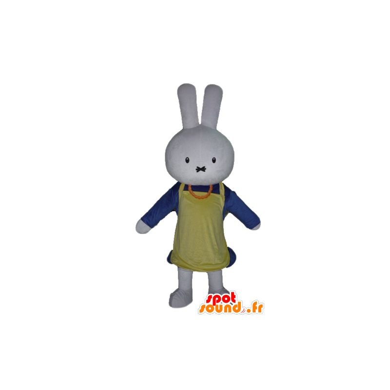 White rabbit mascot, dressed in blue, with an apron - MASFR23460 - Rabbit mascot