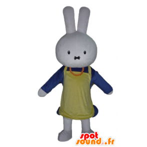 Blanca mascota conejo, vestido de azul, con un delantal - MASFR23460 - Mascota de conejo