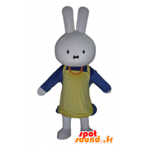 White rabbit mascot, dressed in blue, with an apron - MASFR23460 - Rabbit mascot