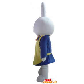 Hvid kaninmaskot, klædt i blåt, med forklæde - Spotsound maskot