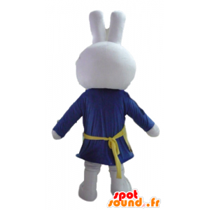Weißes Kaninchen Maskottchen, in Blau gekleidet, mit einer Schürze - MASFR23460 - Hase Maskottchen