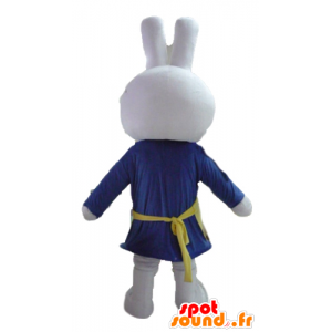 White rabbit mascot, dressed in blue, with an apron - MASFR23460 - Rabbit mascot