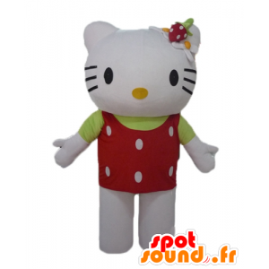 Hello Kitty maskot, med en röd topp med vita prickar -