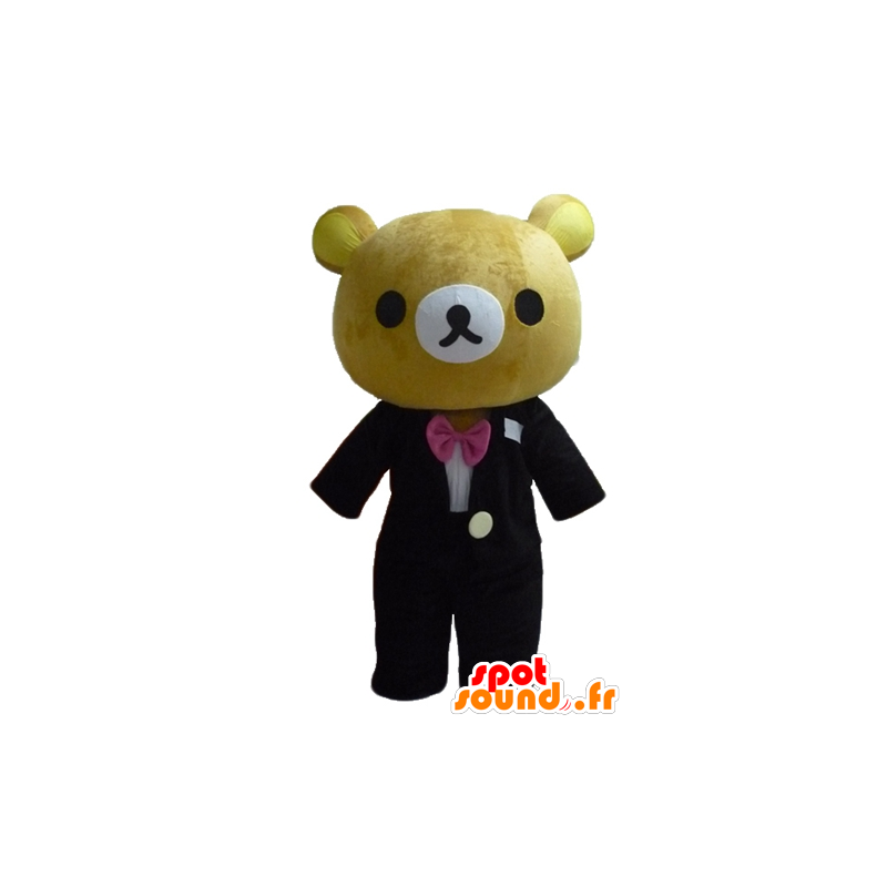 Marrón mascota gran oso de peluche, vestido con un bonito traje negro - MASFR23469 - Oso mascota