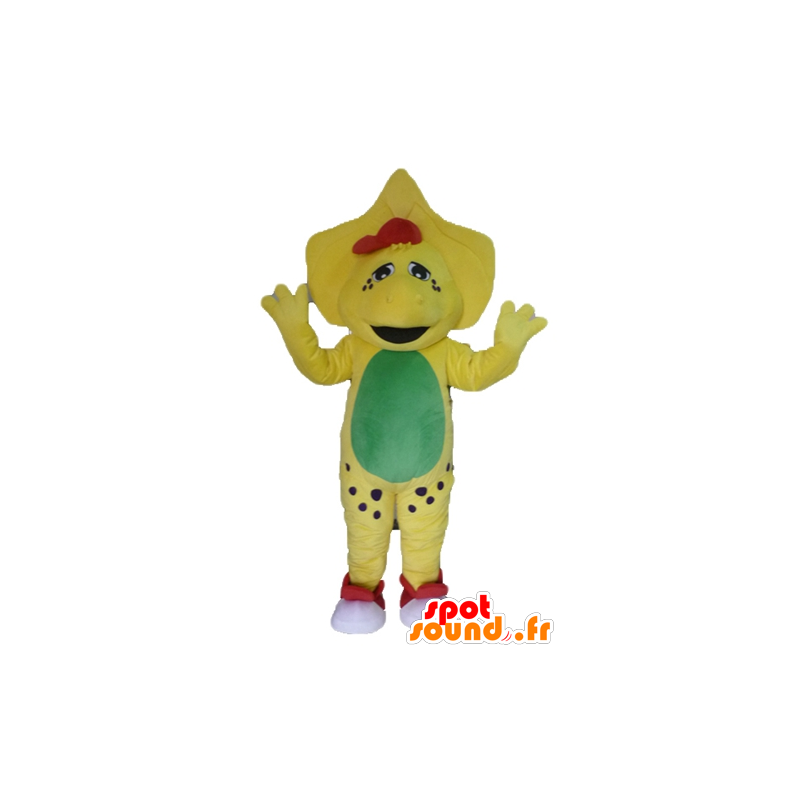 Mascotte de dinosaure jaune, vert et rouge - MASFR23473 - Mascottes Dinosaure