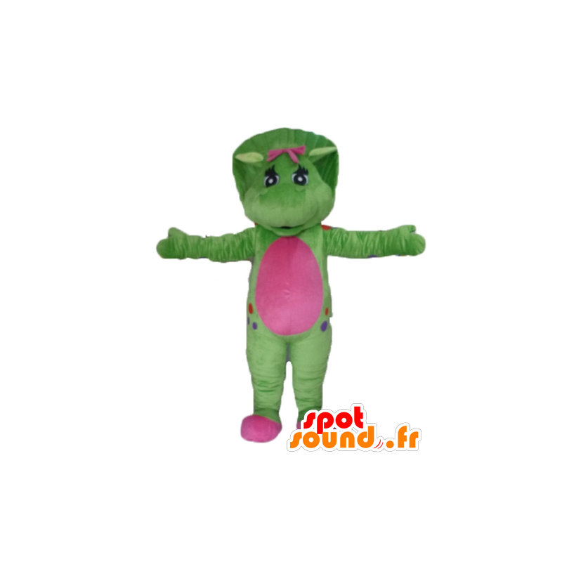 Grøn og lyserød dinosaur maskot, kæmpe - Spotsound maskot