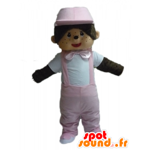 Mascotte de Kiki célèbre singe en peluche avec une salopette rose - MASFR23478 - Mascottes Personnages célèbres