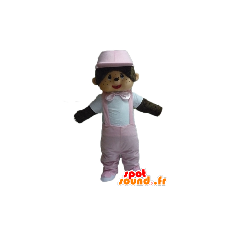 Kiki famous mascot stuffed monkey with a pink jumpsuit - MASFR23478 - Mascots famous characters