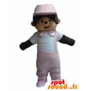 Kiki famous mascot stuffed monkey with a pink jumpsuit - MASFR23478 - Mascots famous characters