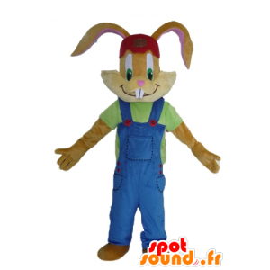 Brown rabbit mascot, with a beautiful blue overalls - MASFR23486 - Rabbit mascot