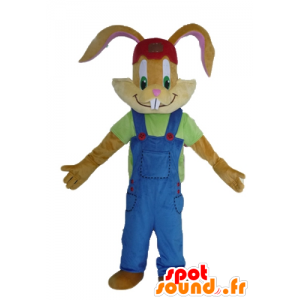 Brązowy królik maskotka, z pięknym niebieskim kombinezonie - MASFR23486 - króliki Mascot