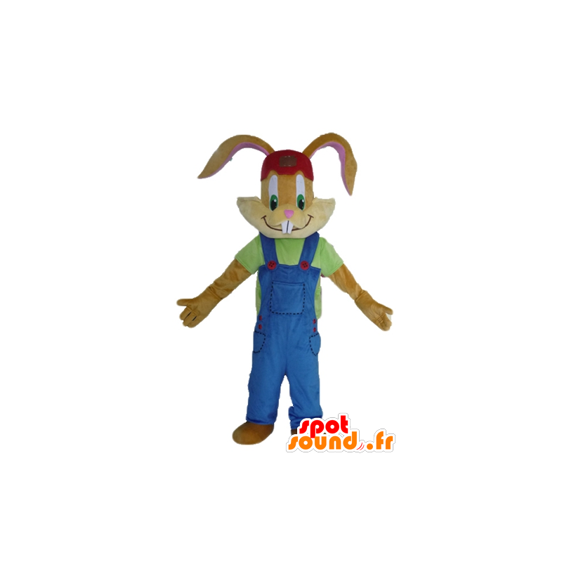 Brown-Kaninchen-Maskottchen, mit einem schönen blauen Overalls - MASFR23486 - Hase Maskottchen