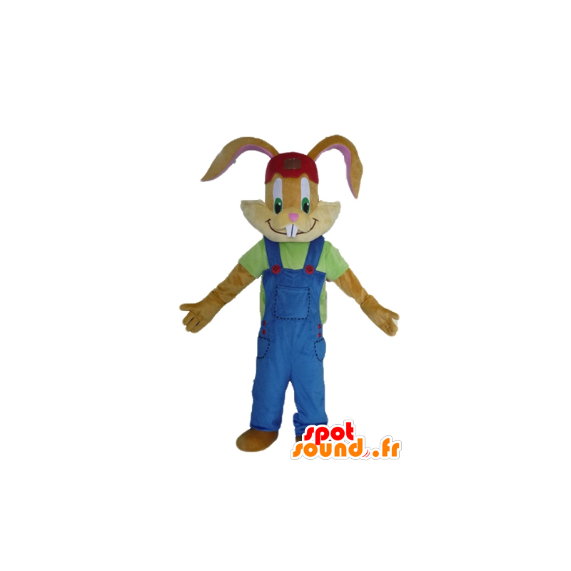 Brun kaninmaskot med en smuk blå overall - Spotsound maskot