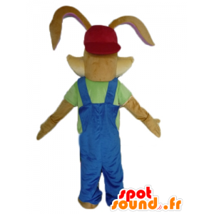 Brown-Kaninchen-Maskottchen, mit einem schönen blauen Overalls - MASFR23486 - Hase Maskottchen