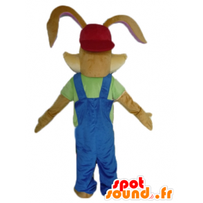 茶色のウサギのマスコット、美しい青いオーバーオール-MASFR23486-ウサギのマスコット