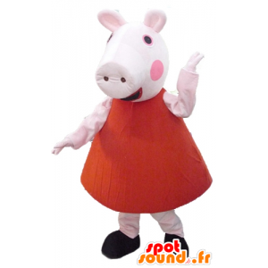 Pink pig mascot in red dress - MASFR23494 - Mascots pig