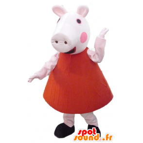 Rosa Schwein-Maskottchen im roten Kleid - MASFR23494 - Maskottchen Schwein