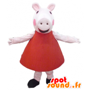 Mascot Pink gris i rød kjole - MASFR23494 - Pig Maskoter