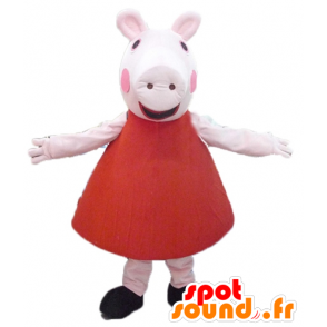 Rosa Schwein-Maskottchen im roten Kleid - MASFR23494 - Maskottchen Schwein