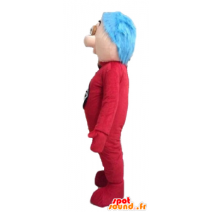 Maskottpojke, i röd jumpsuit och blått hår - Spotsound maskot