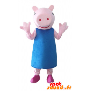 Pink pig mascot with a blue dress - MASFR23519 - Mascots pig