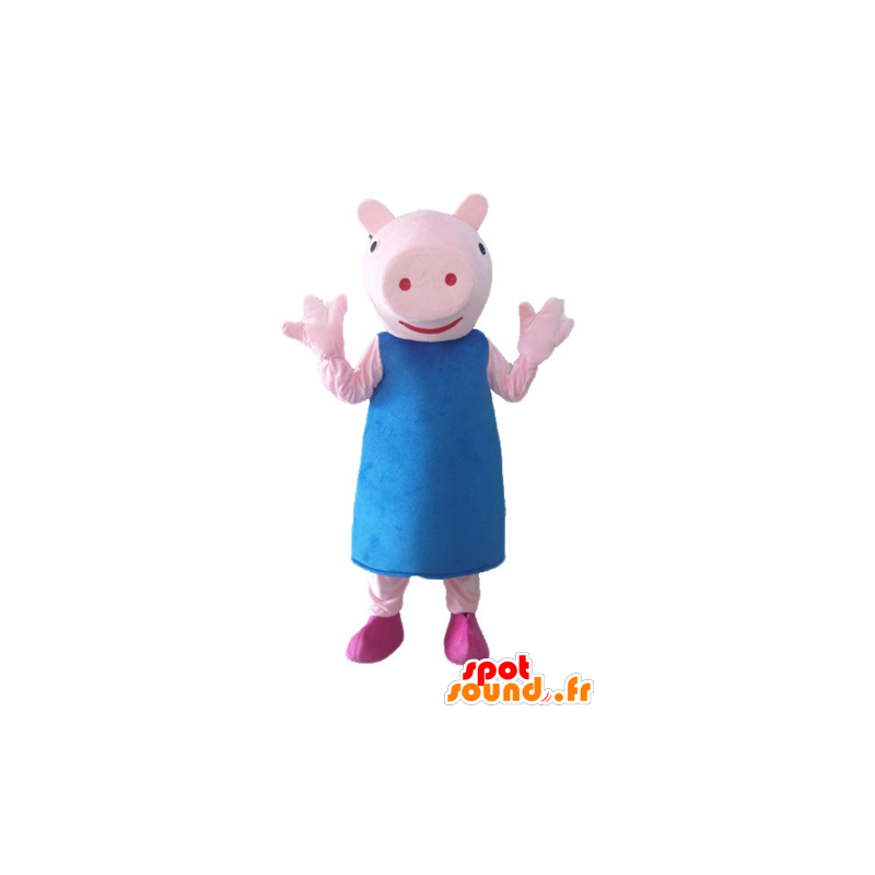Mascot porco cor de rosa com um vestido azul - MASFR23519 - mascotes porco