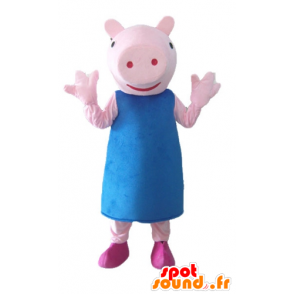 Rosa Schwein-Maskottchen mit einem blauen Kleid - MASFR23519 - Maskottchen Schwein