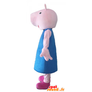 Mascot porco cor de rosa com um vestido azul - MASFR23519 - mascotes porco