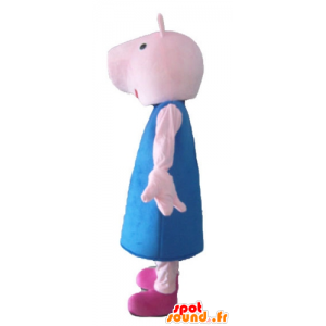 Mascotte de cochon rose, avec une robe bleue - MASFR23519 - Mascottes Cochon