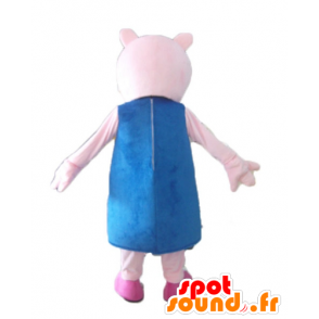 Μασκότ ροζ χοίρου με ένα μπλε φόρεμα - MASFR23519 - Γουρούνι Μασκότ