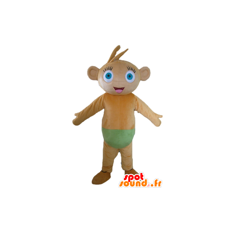 Brown monkey mascot, with blue eyes, with a green slip - MASFR23534 - Mascots monkey